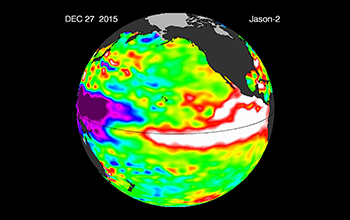 A satellite image at the equator of a recent, strong El Niño.
